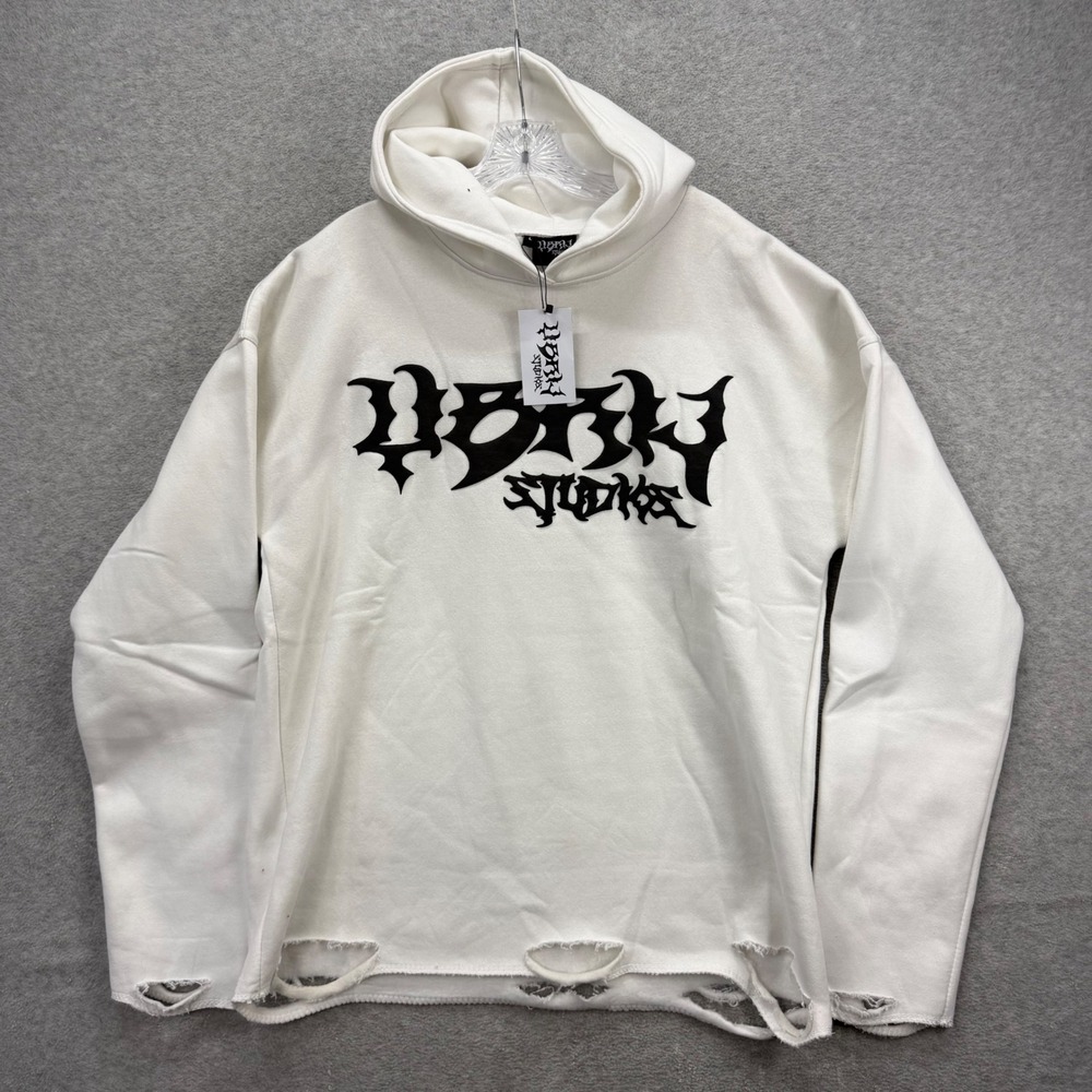 Darly Studios Hoodie Mens‎ Large White Distressed Gothic Logo Streetwear 14014